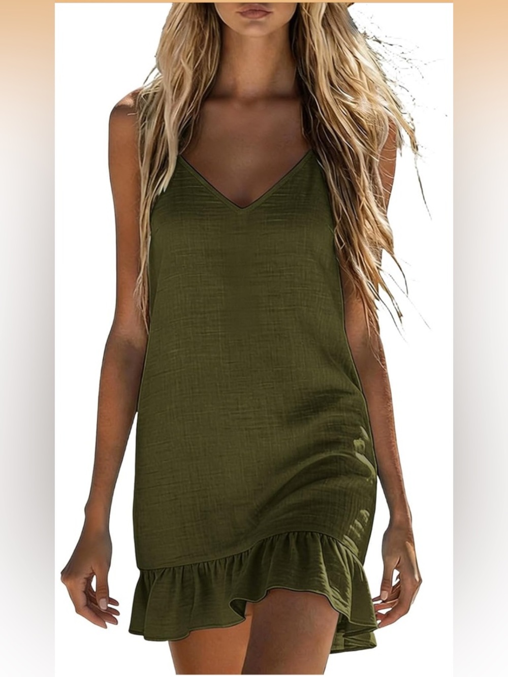 Olive Green Linen V-Neck Ruffle Hem Sundress